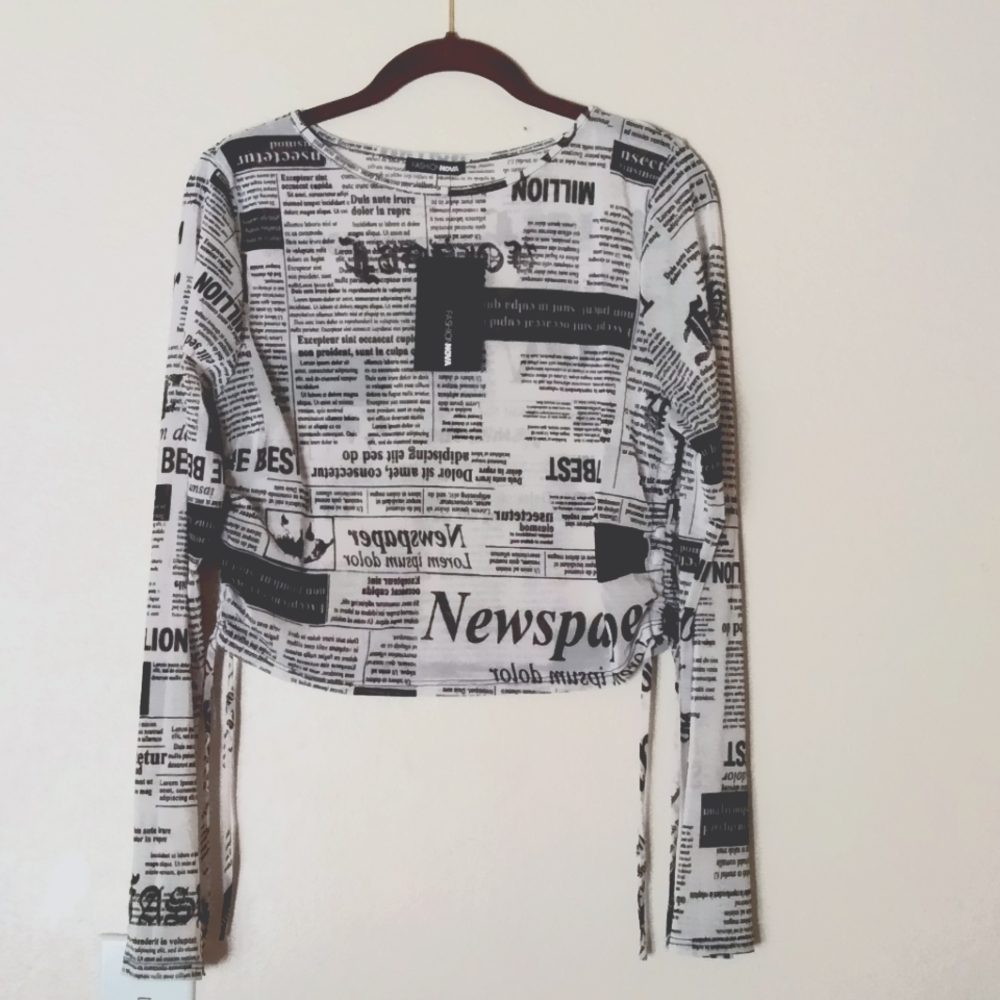 Fashion Nova Crop Mesh Top, Size XL, Color News Print.